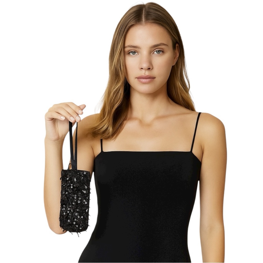 Vintage Black Sequin Beaded Wristlet Bag Party Clutch Size OS